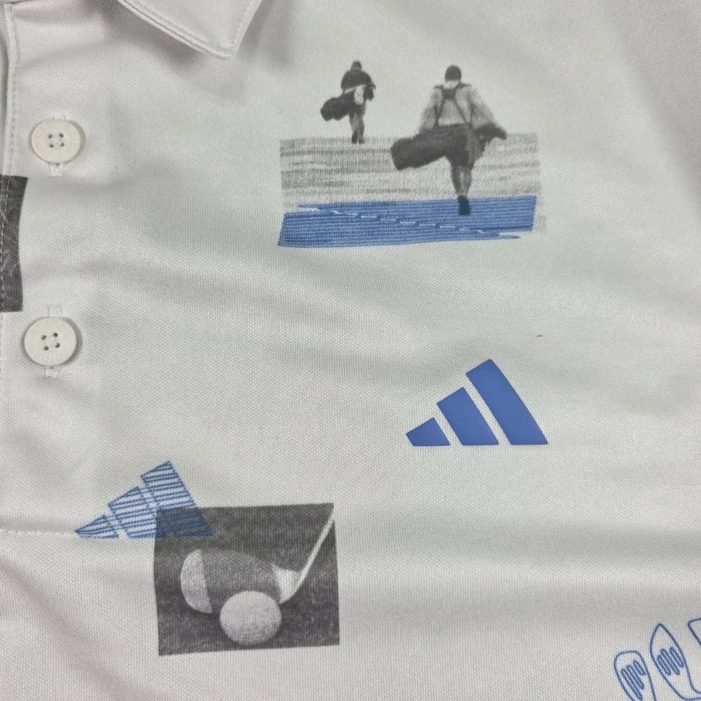 Adidas Mens Golf Polo Shirt White Blue Graphic AOP Performance Size Medium